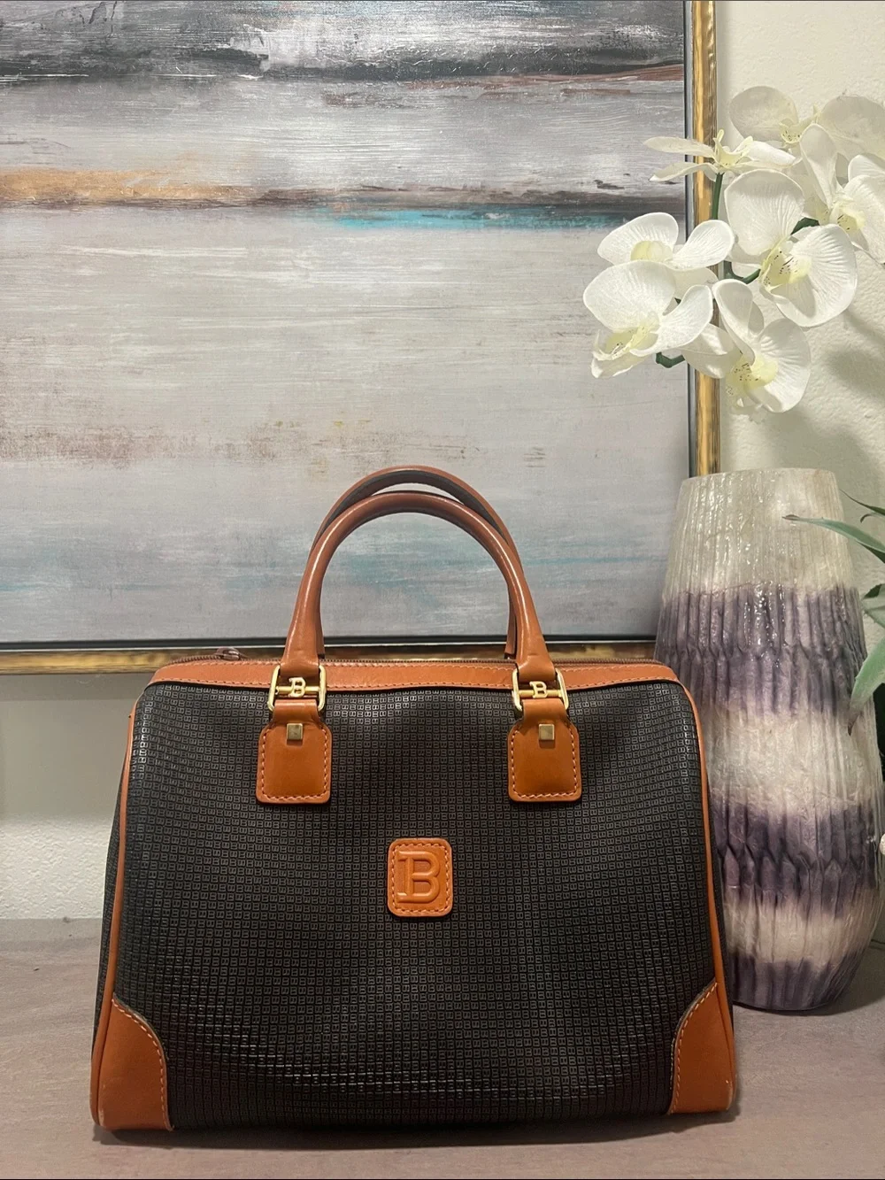 Vintage Bally Brown & Black Woven Leather Duffel Bag